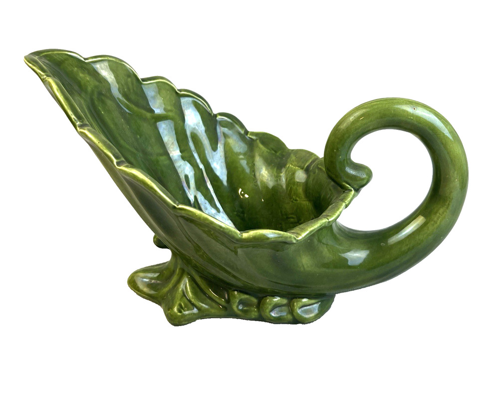 Vintage Ceramic Vase Dark Green Mid Century Modern Home Decor Cornucopia Bowl